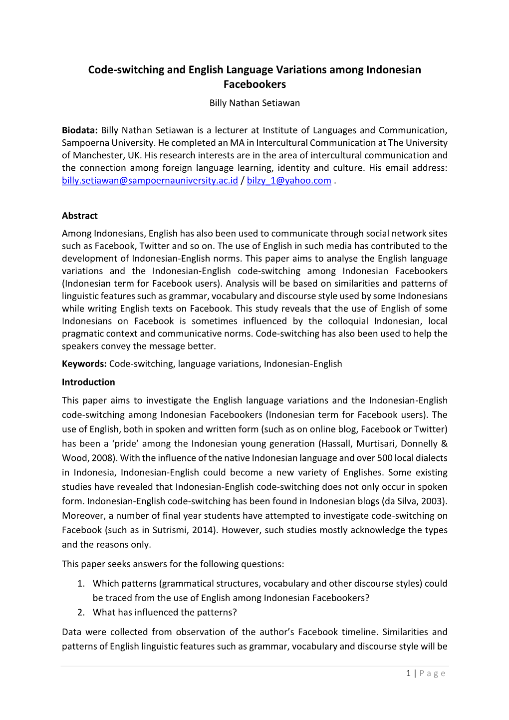 Code-Switching and English Language Variations Among Indonesian Facebookers Billy Nathan Setiawan