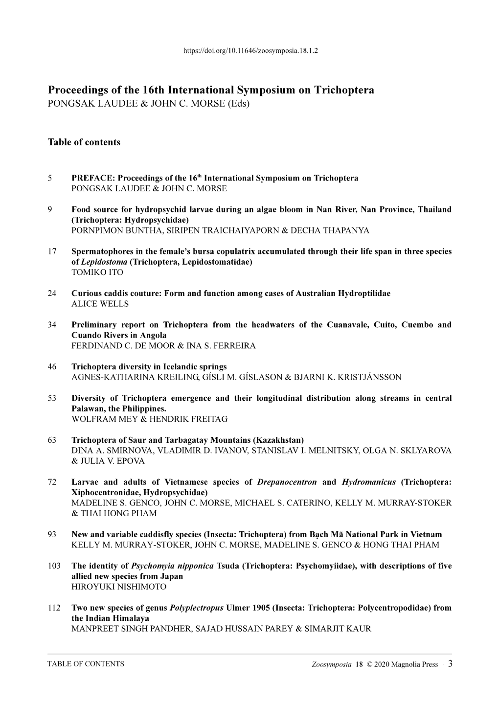 Proceedings of the 16Th International Symposium on Trichoptera PONGSAK LAUDEE & JOHN C