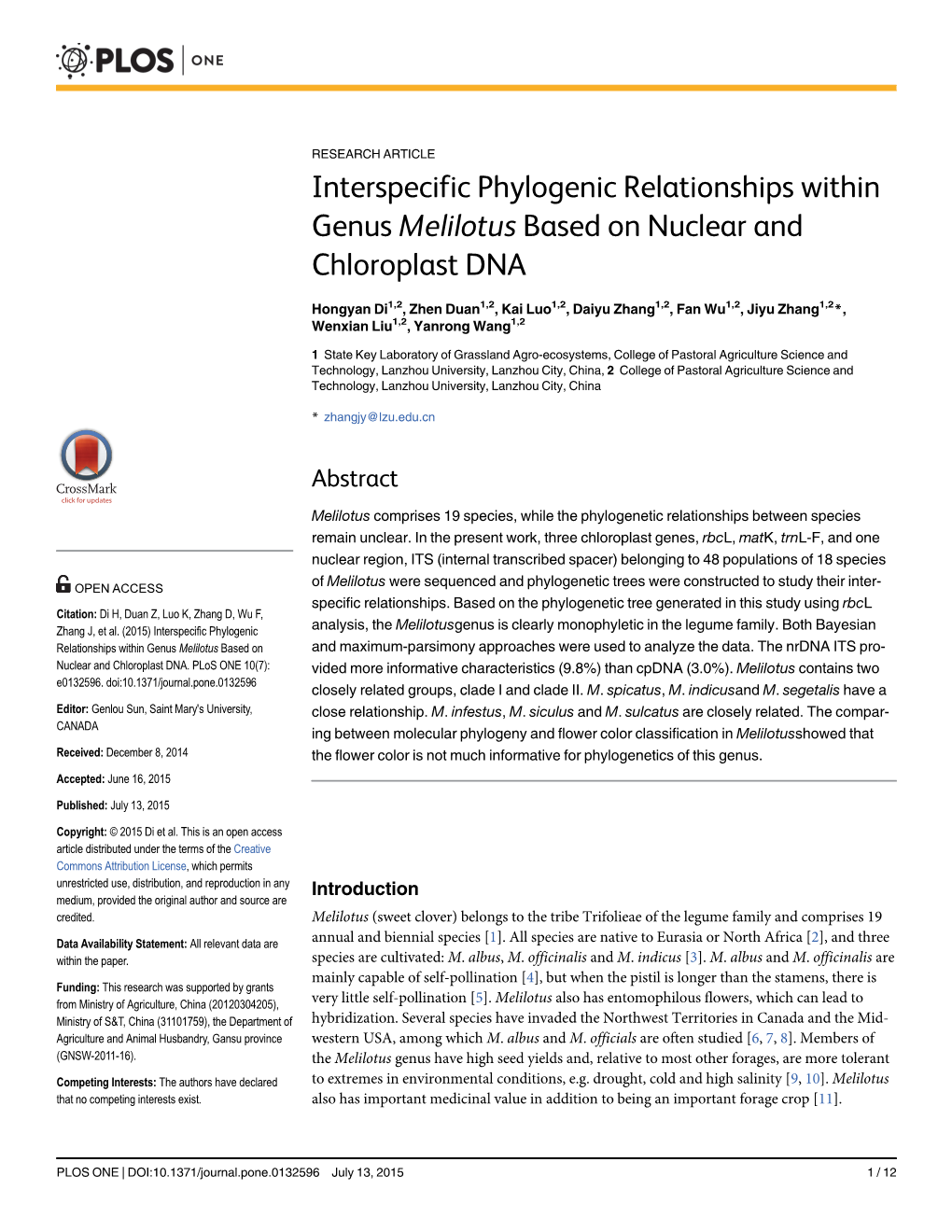 Interspecific Phylogenic Relationships Within Genus Melilotus Based on Nuclear and Chloroplast DNA