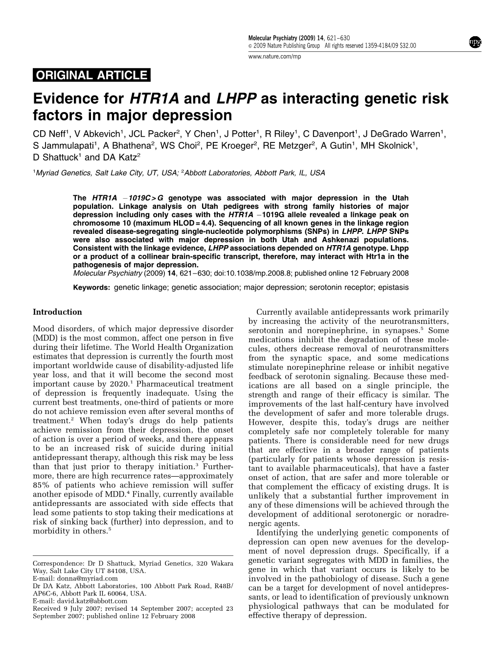 Evidence for HTR1A and LHPP As Interacting Genetic Risk Factors In