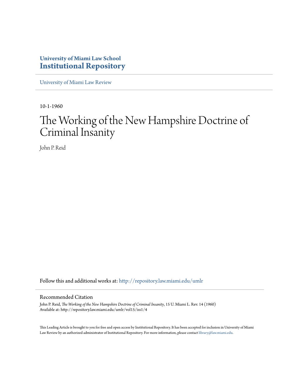 The Working of the New Hampshire Doctrine of Criminal Insanity, 15 U