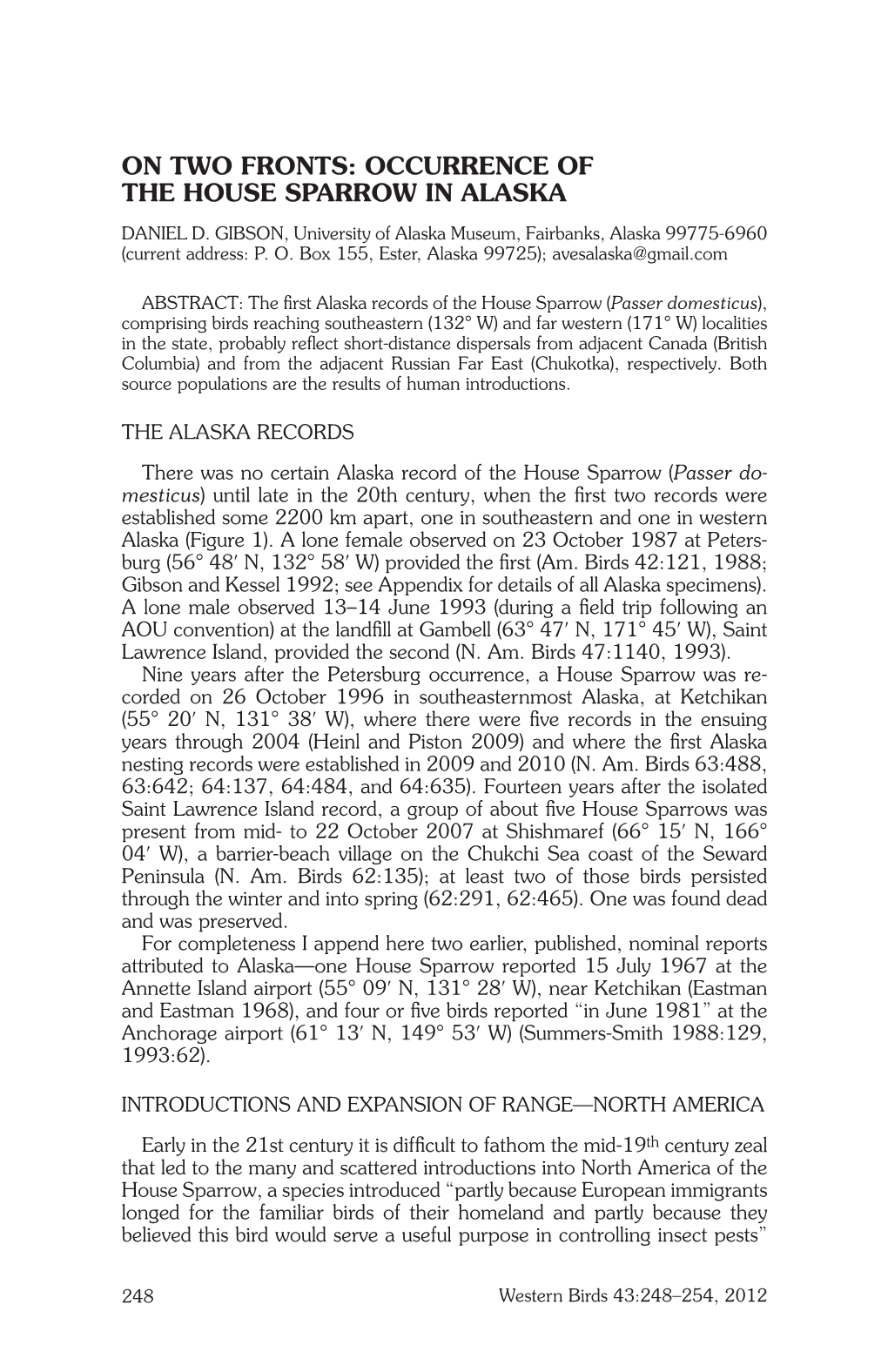 Occurrence of the House Sparrow in Alaska Daniel D