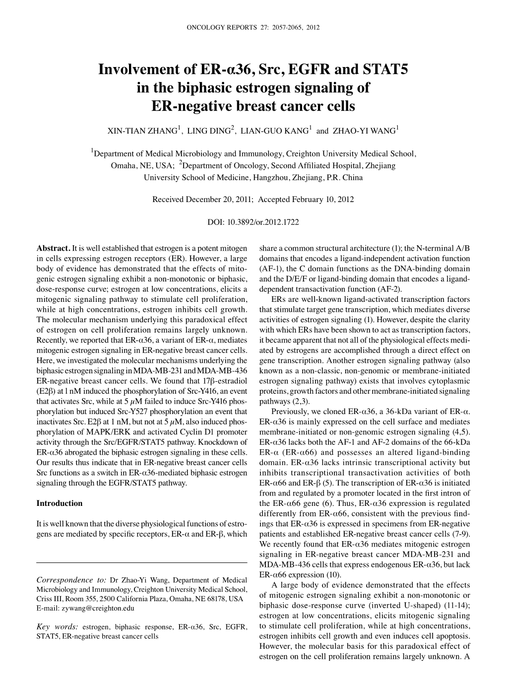 Involvement of ER-Α36, Src, EGFR and STAT5 in the Biphasic Estrogen Signaling of ER-Negative Breast Cancer Cells