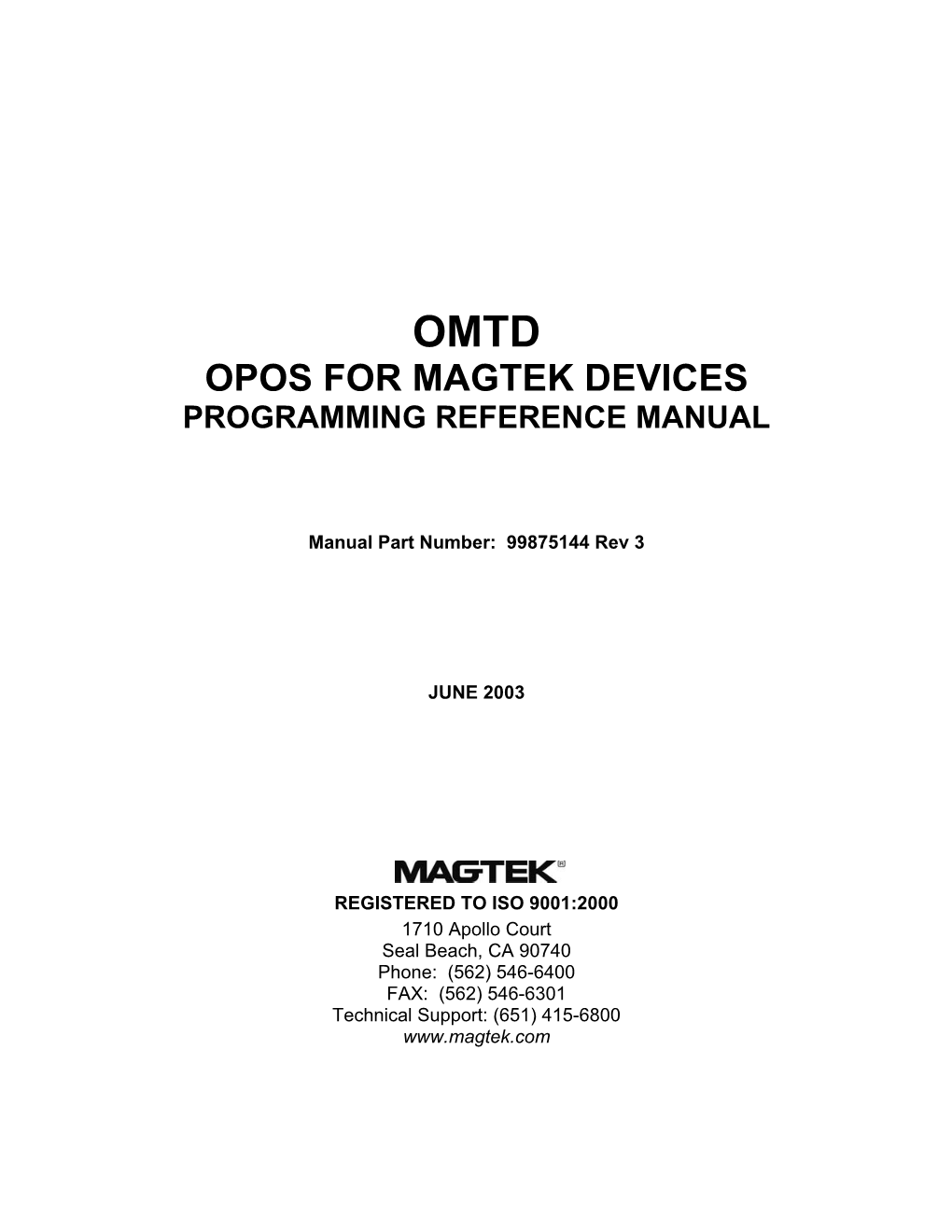 OMTD, OPOS for Magtek Devices, Programming Reference Manual