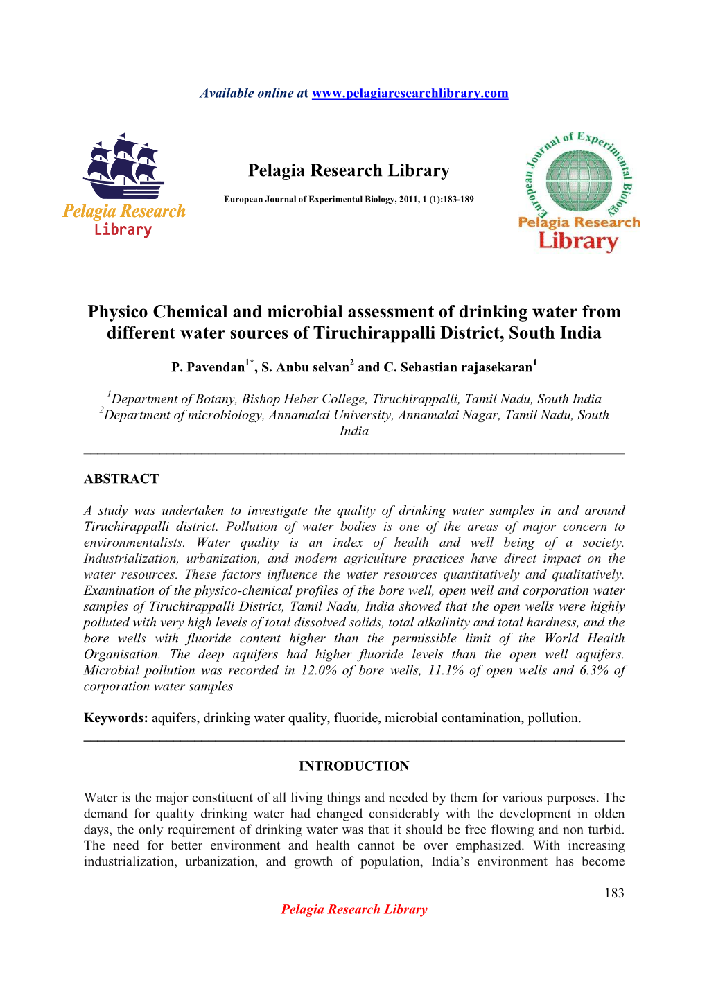 Pelagia Research Library Physico Chemical and Microbial Assessment of Drinking Water from Different Water Sources of Tiruchirapp