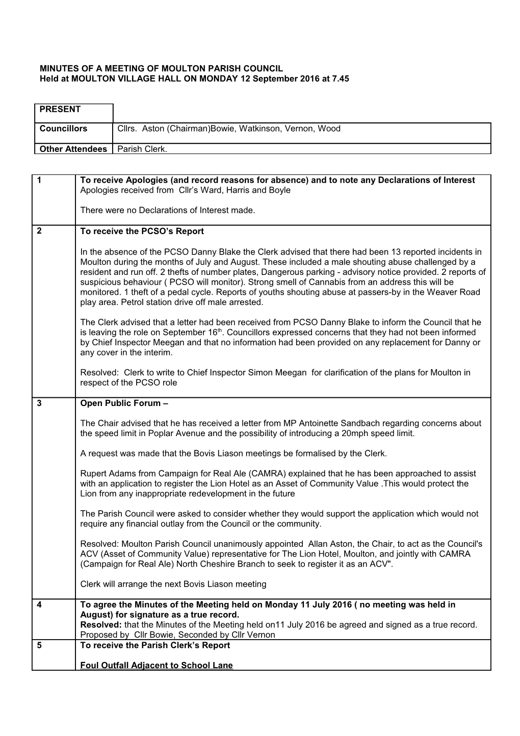 Minutes of a Meeting of Moulton Parish Council