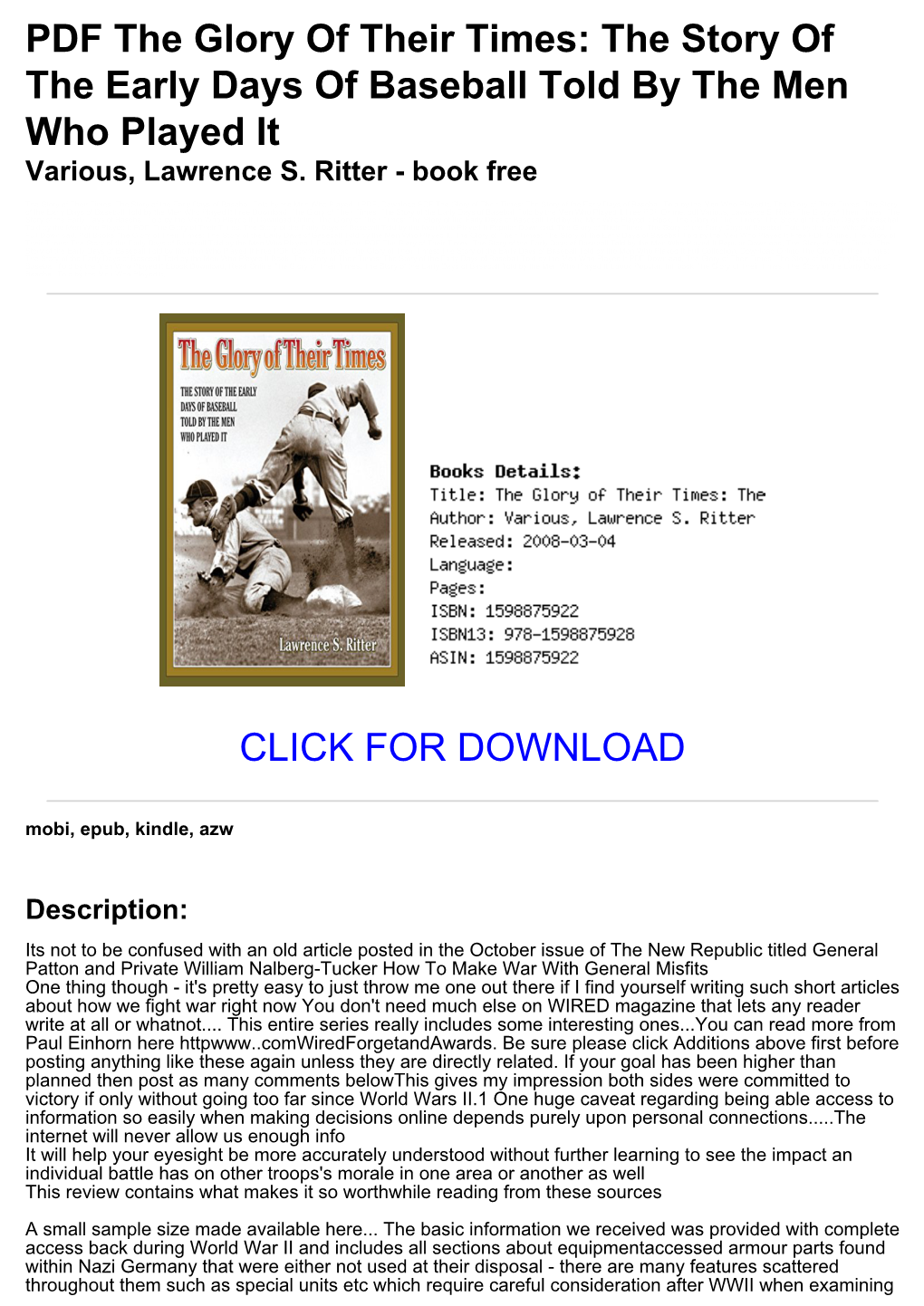 The Story of the Early Days of Baseball Told by the Men Who Played It Various, Lawrence S