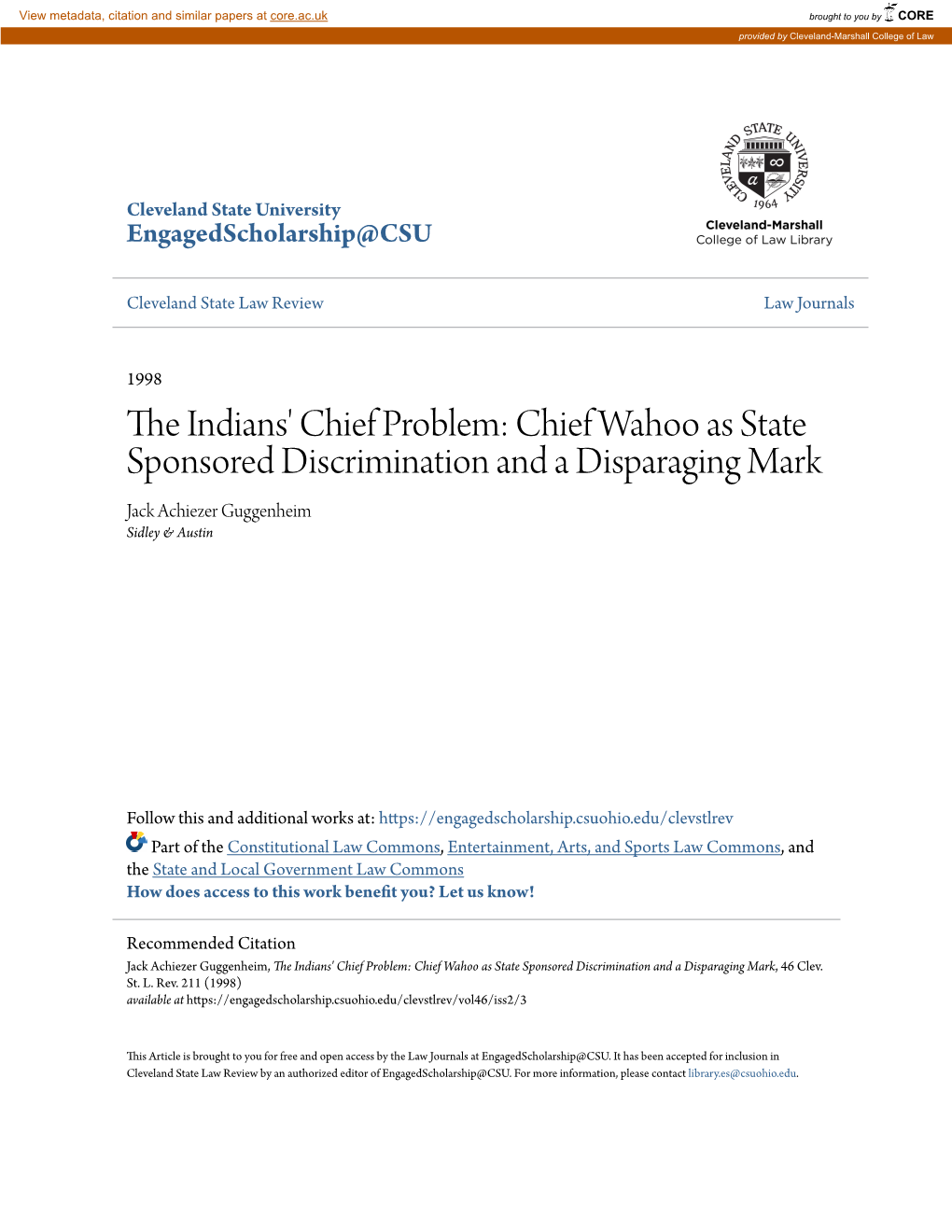 Chief Wahoo As State Sponsored Discrimination and a Disparaging Mark Jack Achiezer Guggenheim Sidley & Austin