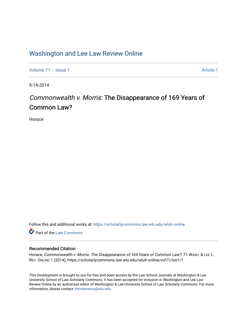 &lt;Em&gt;Commonwealth V. Morris&lt;/Em&gt;: the Disappearance of 169 Years Of