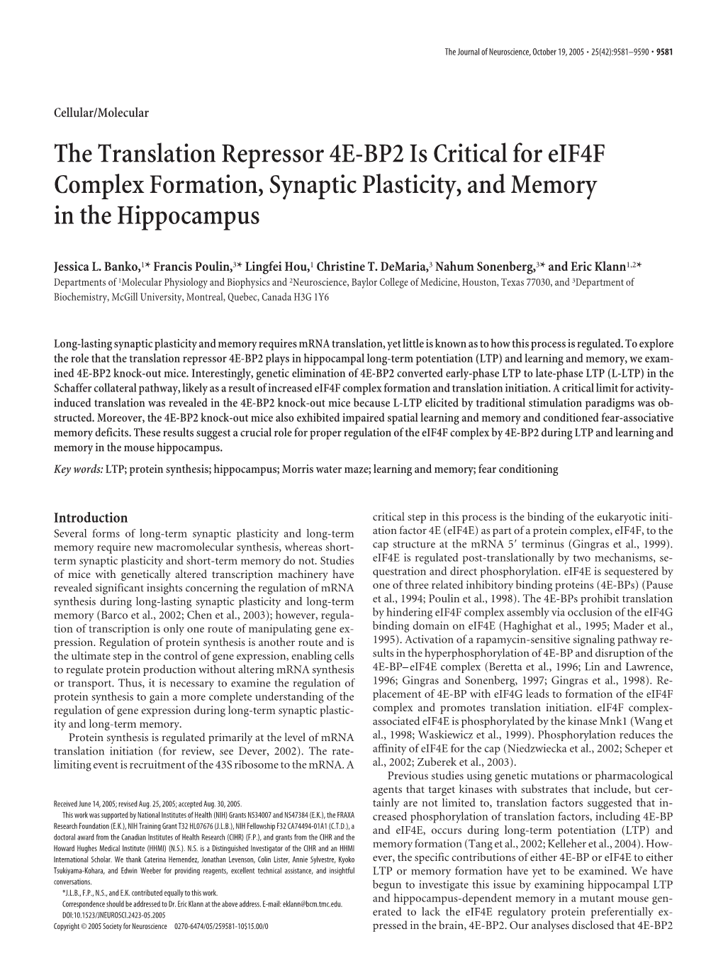 The Translation Repressor 4E-BP2 Is Critical for Eif4f Complex Formation, Synaptic Plasticity, and Memory in the Hippocampus