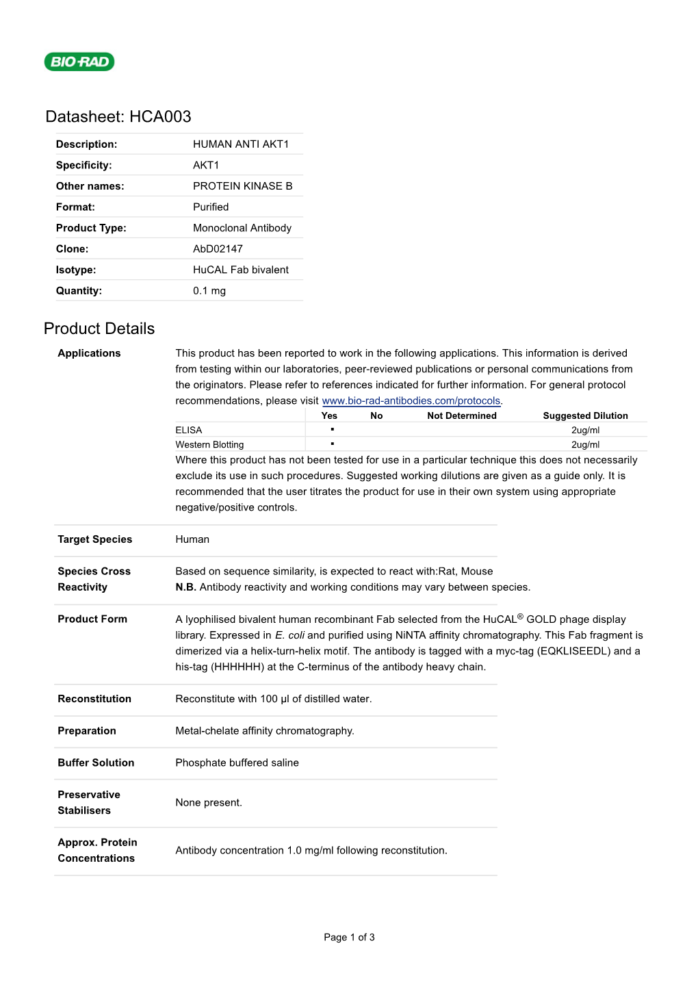 Datasheet: HCA003 Product Details