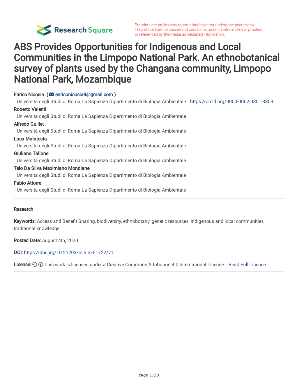 ABS Provides Opportunities for Indigenous and Local Communities in the Limpopo National Park. an Ethnobotanical Survey of Plants