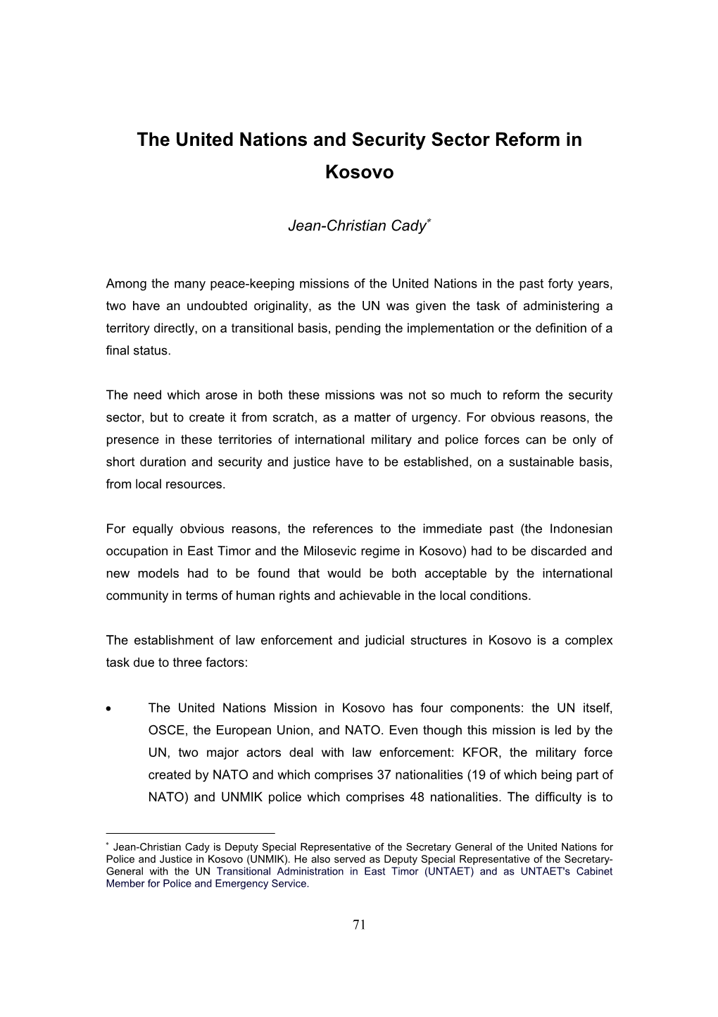 The United Nations and Security Sector Reform in Kosovo