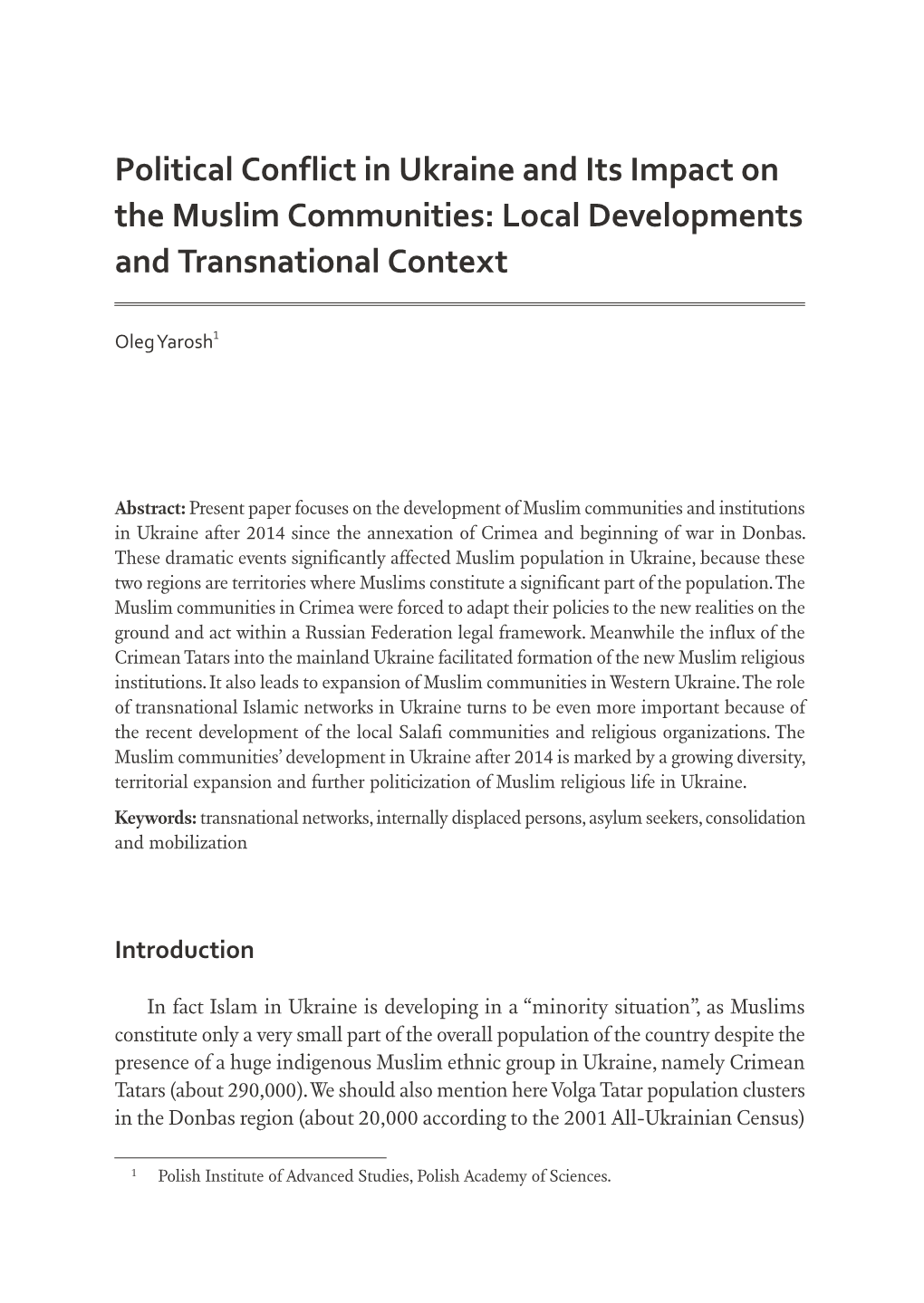 Political Conflict in Ukraine and Its Impact on the Muslim Communities: Local Developments and Transnational Context