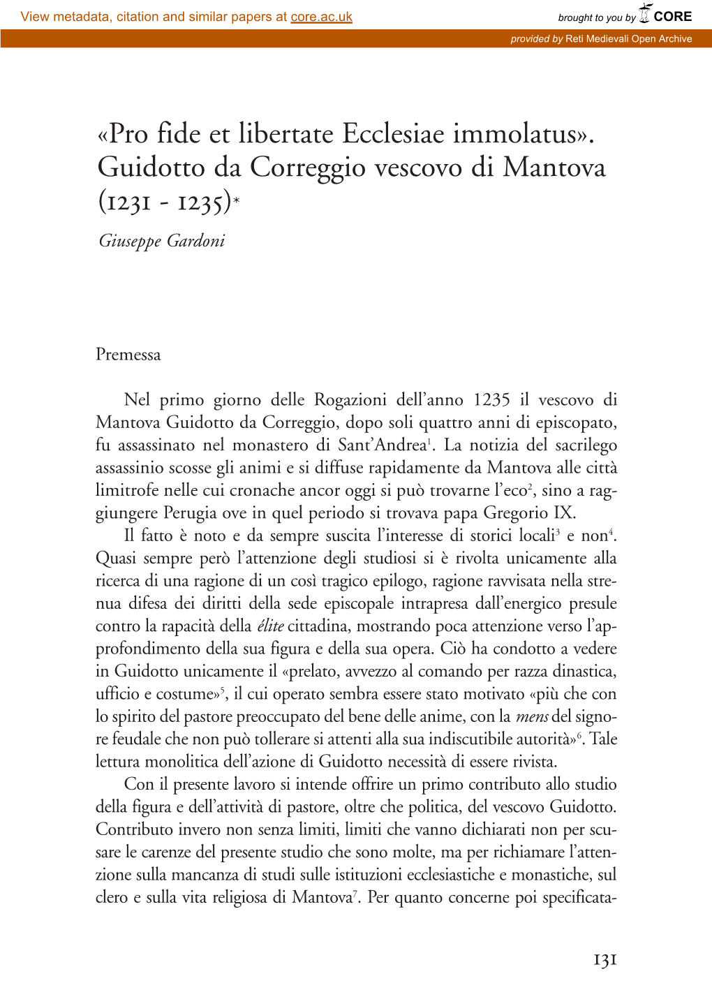 Guidotto Da Correggio Vescovo Di Mantova ( - )* Giuseppe Gardoni