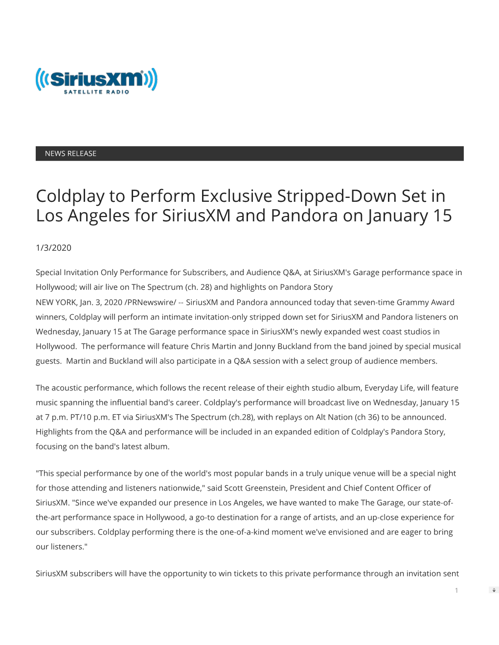 Coldplay to Perform Exclusive Stripped-Down Set in Los Angeles for Siriusxm and Pandora on January 15