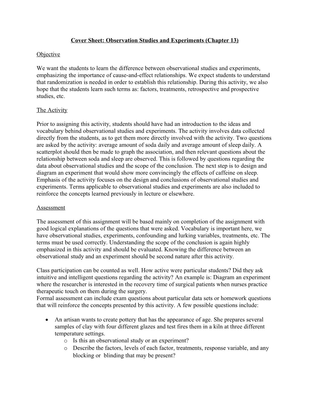 Cover Sheet: Observation Studies and Experiments (Chapter 13)