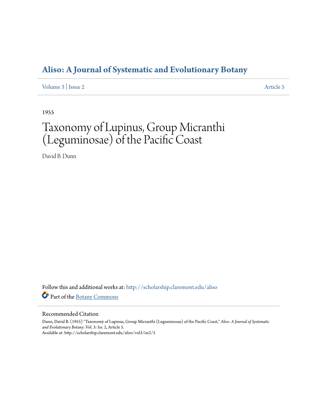 Taxonomy of Lupinus, Group Micranthi (Leguminosae) of the Pacific Oc Ast David B