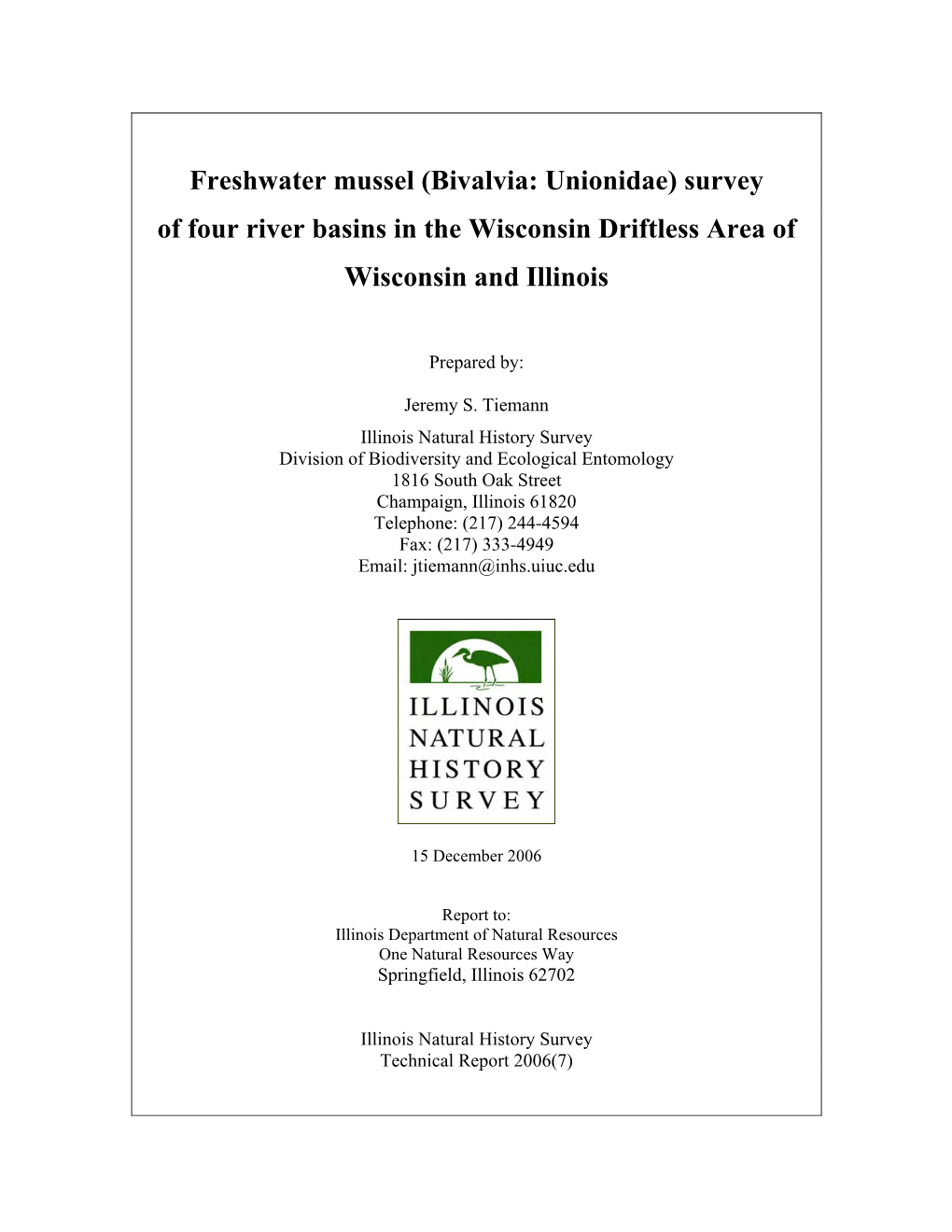 Freshwater Mussel (Bivalvia: Unionidae) Survey of Four River Basins in the Wisconsin Driftless Area of Wisconsin and Illinois