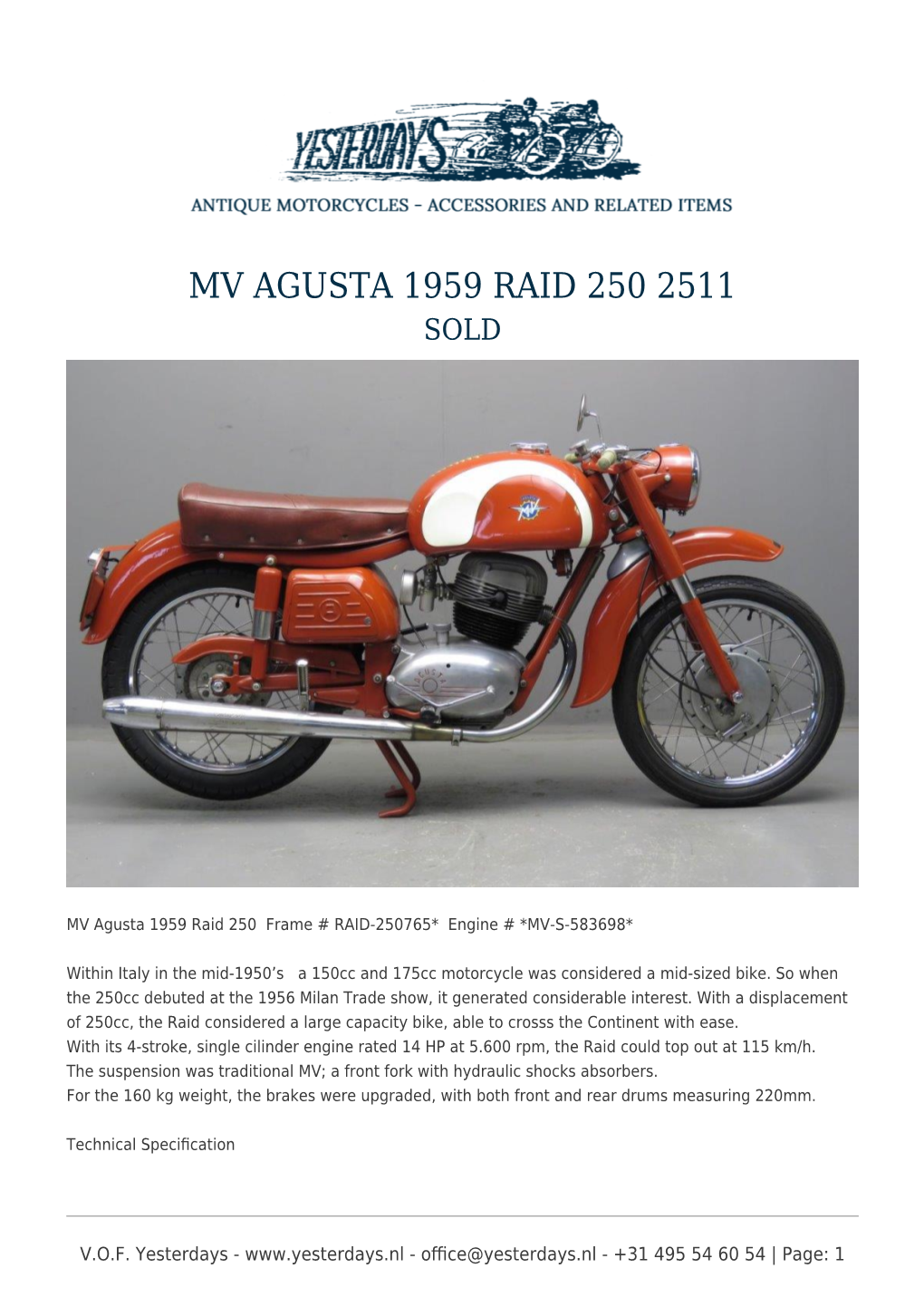 Mv Agusta 1959 Raid 250 2511 Sold