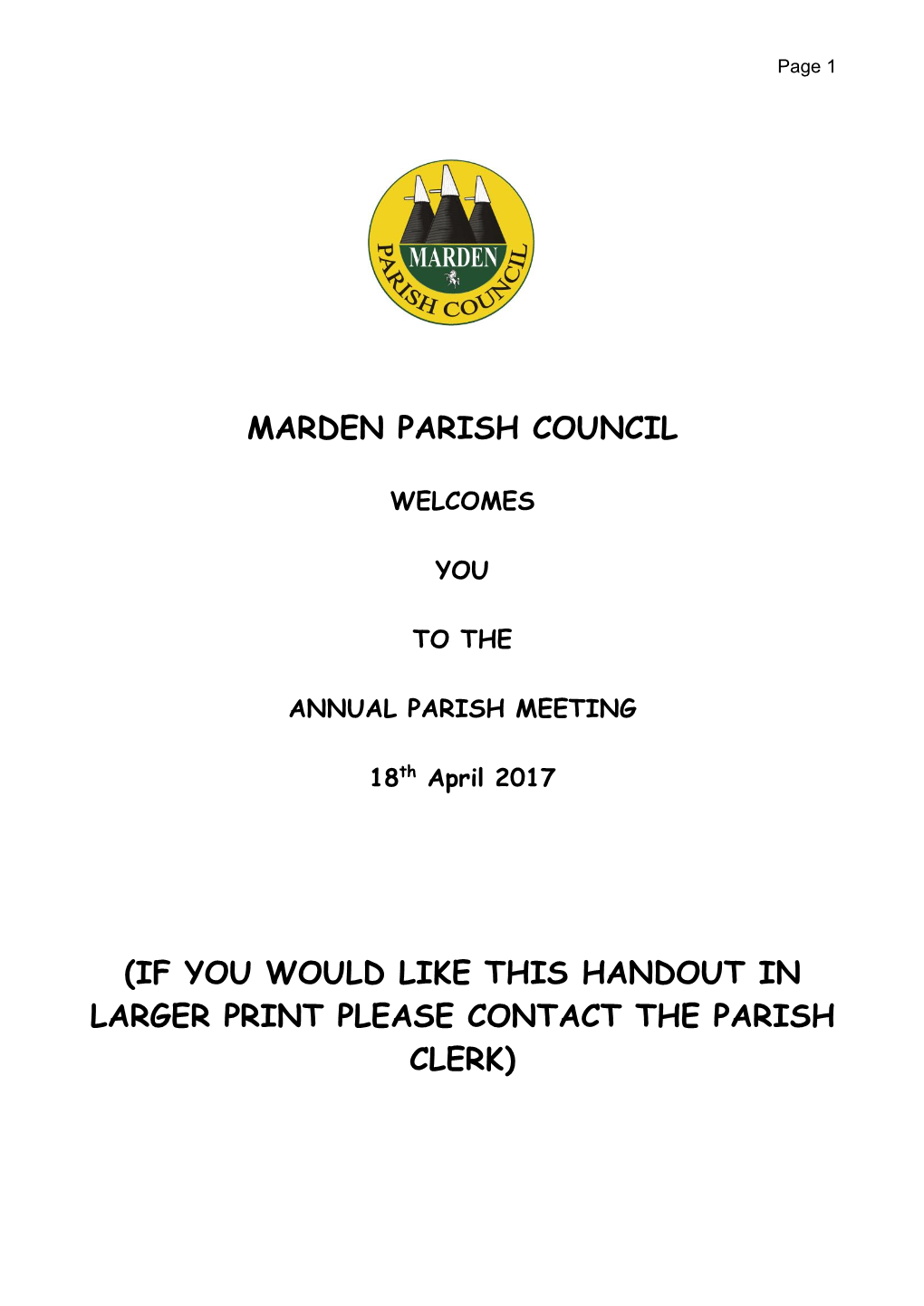 Marden Parish Council (If You Would Like This Handout in Larger Print Please Contact the Parish Clerk)