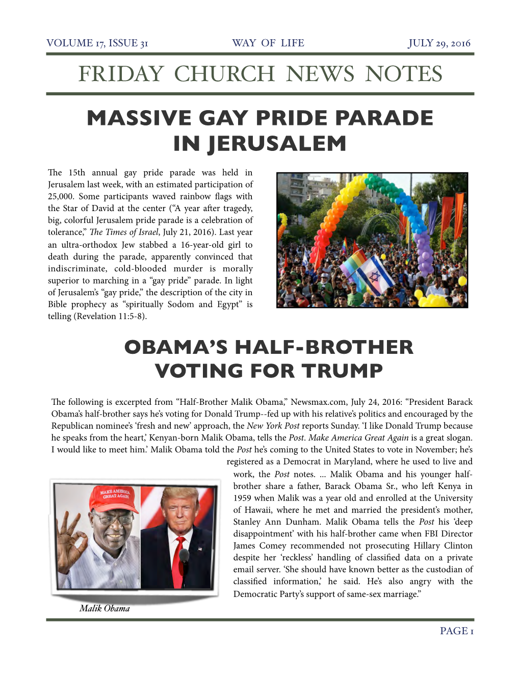 Friday Church News Notes Massive Gay Pride Parade in Jerusalem