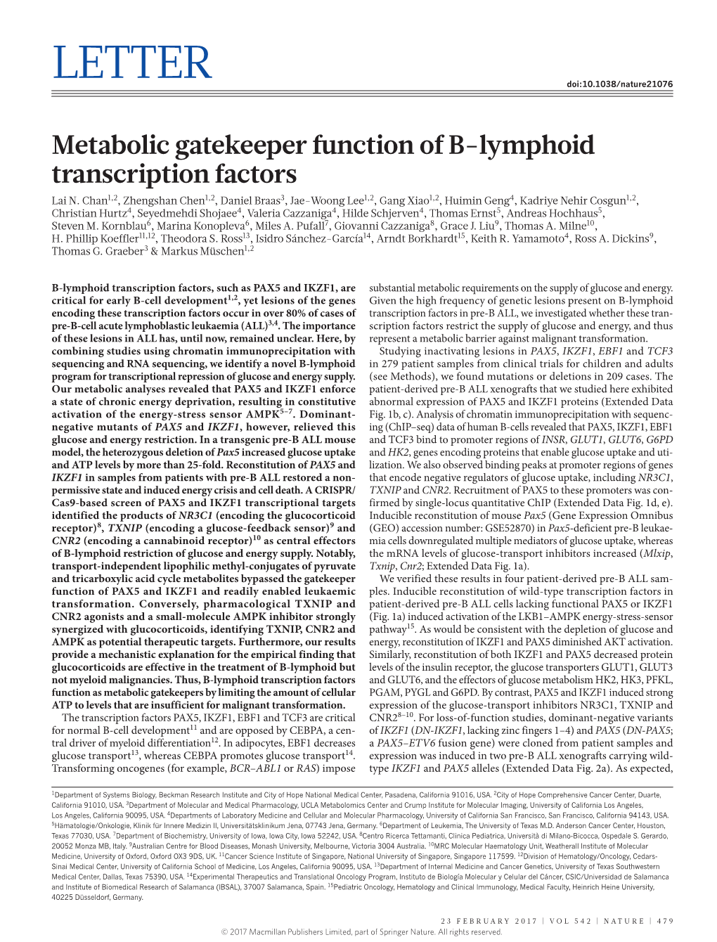 Metabolic Gatekeeper Function of B-Lymphoid Transcription Factors Lai N