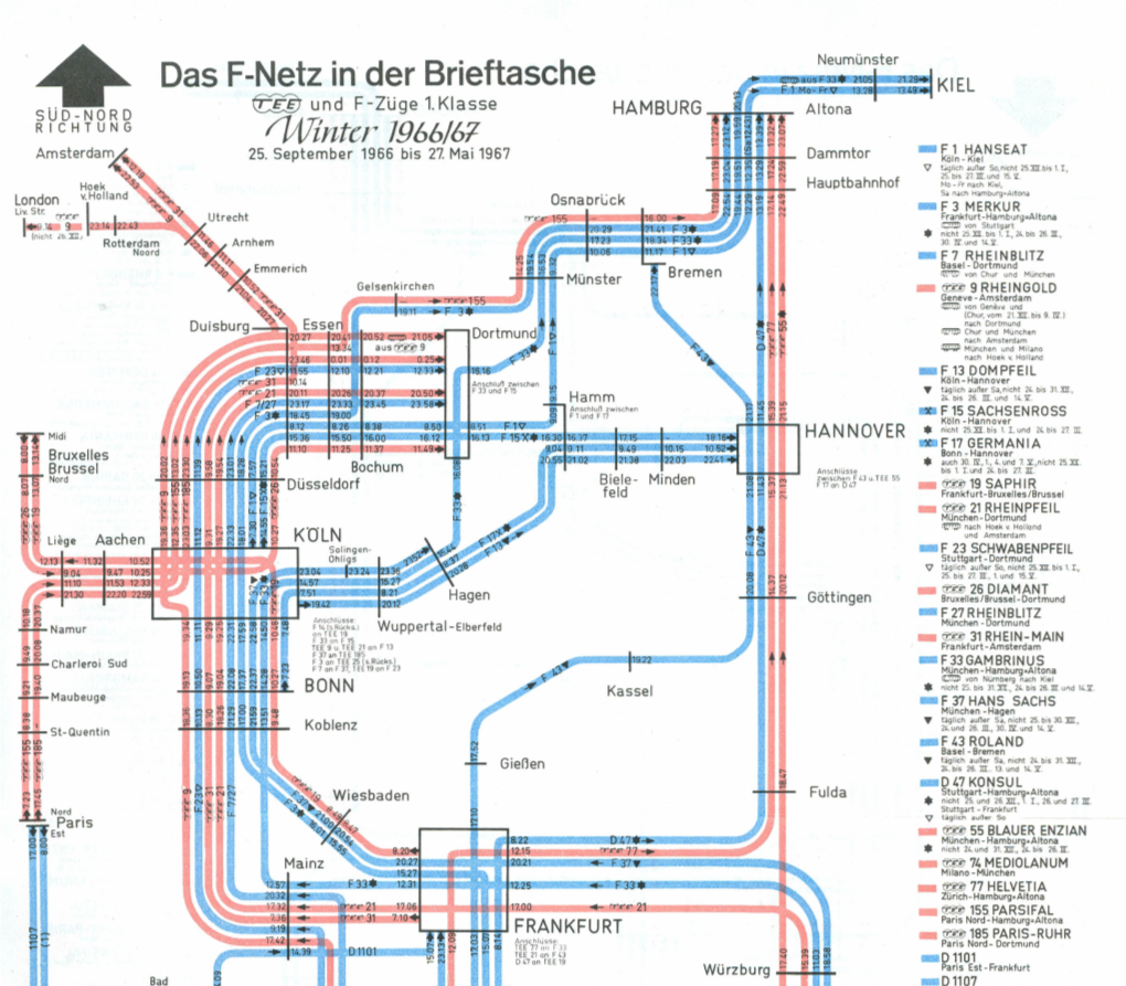 F-Netz in Der Brieftasche \!L~~~~~=~10~ 1:2=1 KI EL Fei:I) Und F-Züge Lklasse SUD-NORD Altona •RICHTUNG• Twlntcr 7966/67 -F 1 HANSEAT 25