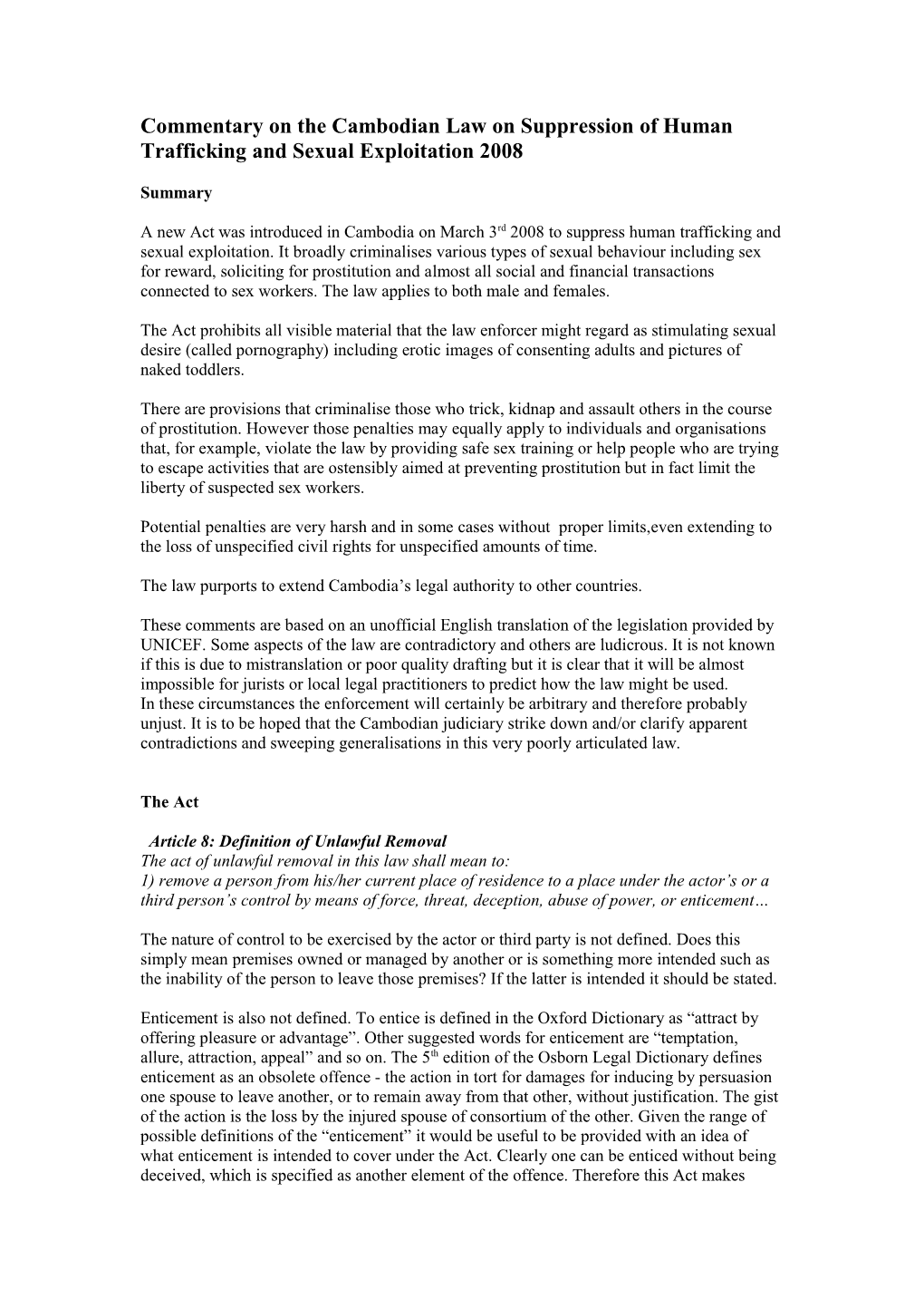 The Cambodian Law on Suppression of Human Trafficking and Sexual Exploitation 2008