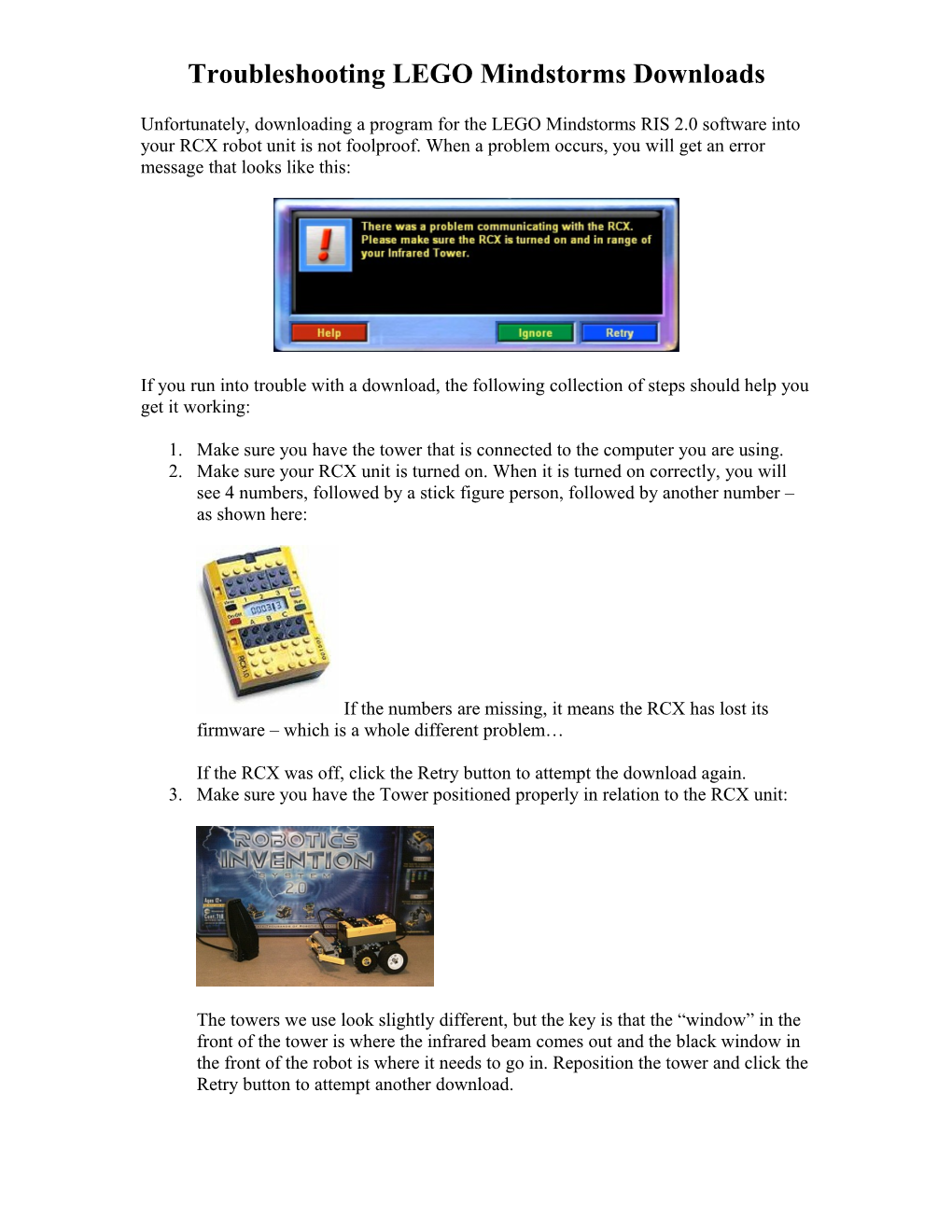 Troubleshooting LEGO Mindstorms Downloads