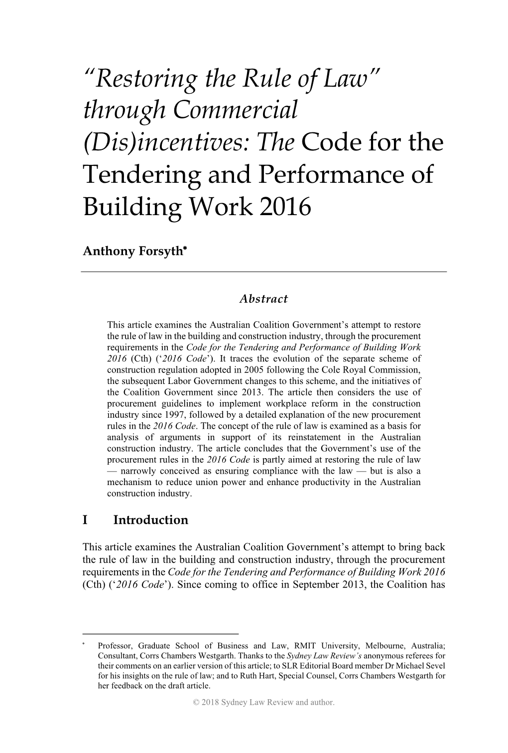 The Code for the Tendering and Performance of Building Work 2016