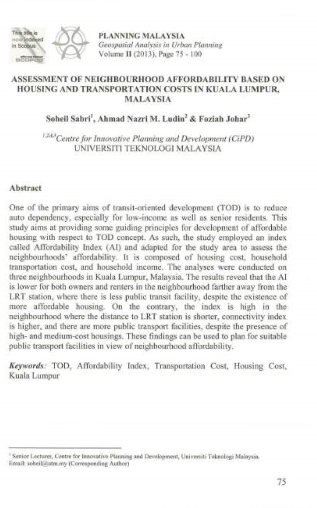 Assessment of Neighbourhood Affordability Based on Housing and Transportation Costs in Kuala Lumpur, Malaysia