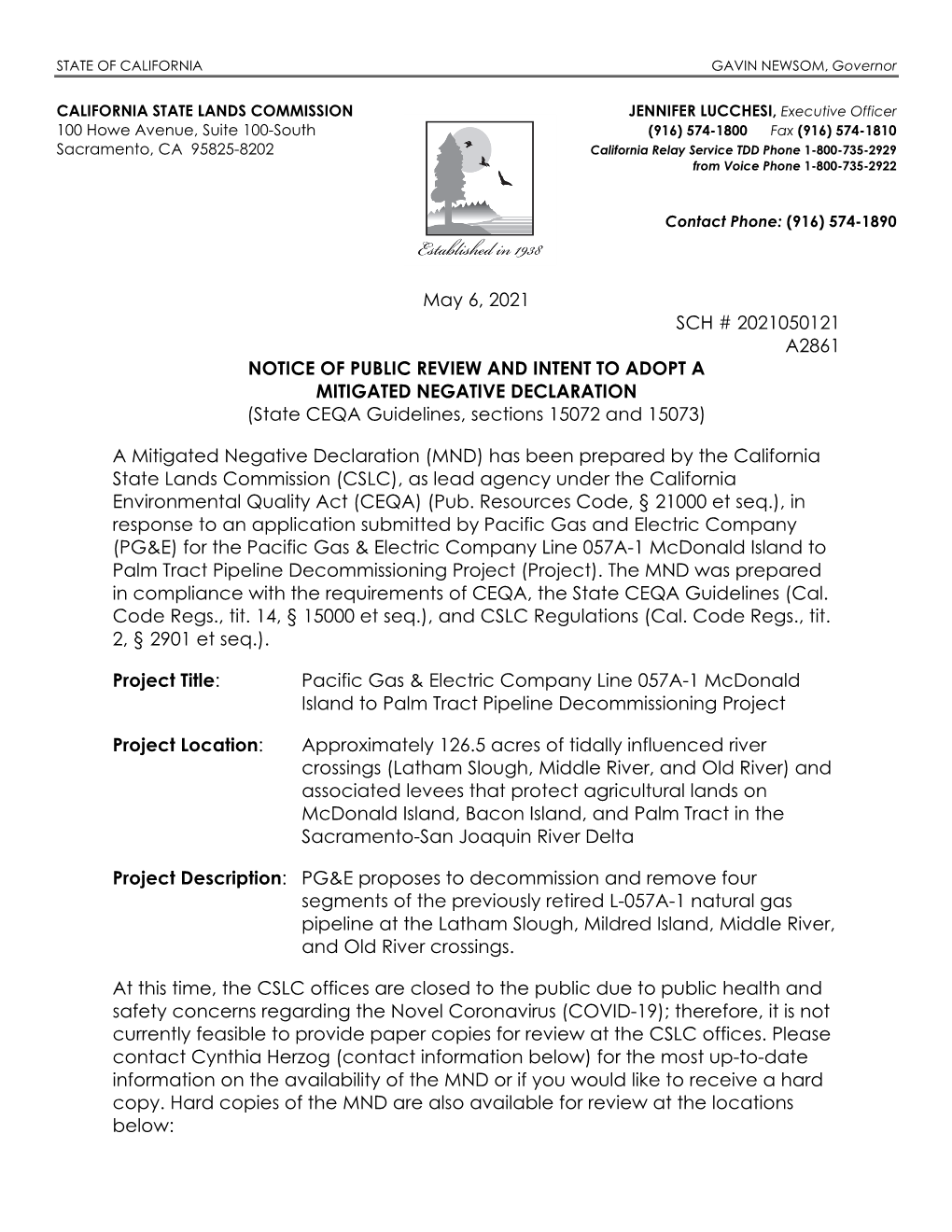 NOTICE of PUBLIC REVIEW and INTENT to ADOPT a MITIGATED NEGATIVE DECLARATION (State CEQA Guidelines, Sections 15072 and 15073)