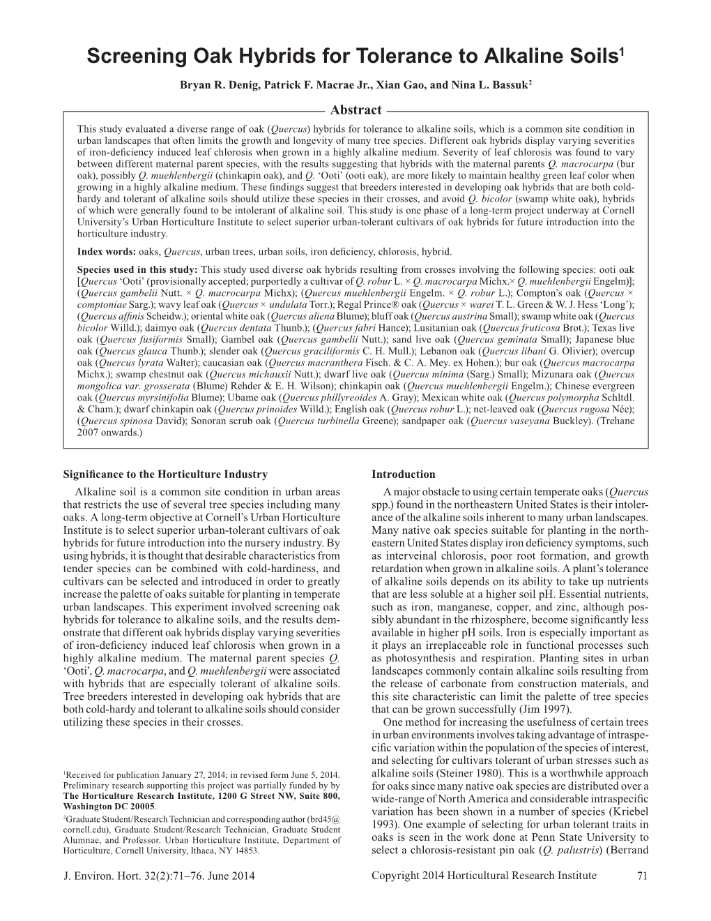 Screening Oak Hybrids for Tolerance to Alkaline Soils1