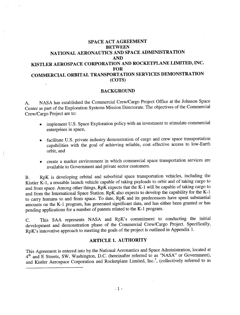Space Act Agreement for Cots