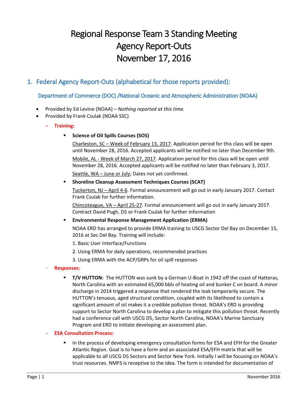 Regional Response Team 3 Standing Meeting Agency Report-Outs November 17, 2016