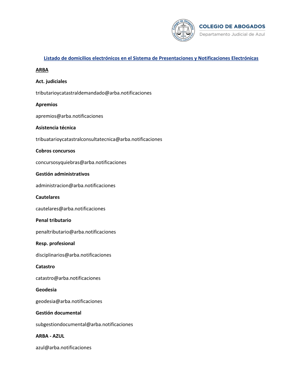 Listado De Domicilios Electrónicos En El Sistema De Presentaciones Y Notificaciones Electrónicas ARBA Act. Judiciales Tributar