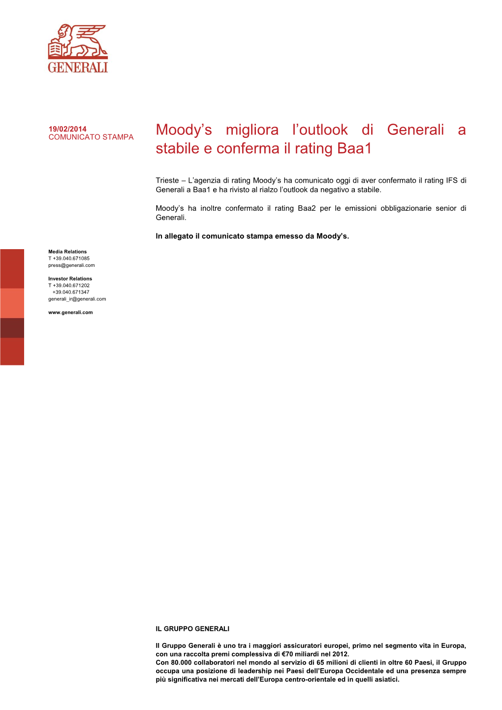 Moody's Migliora L'outlook Di Generali a Stabile E Conferma Il Rating Baa1