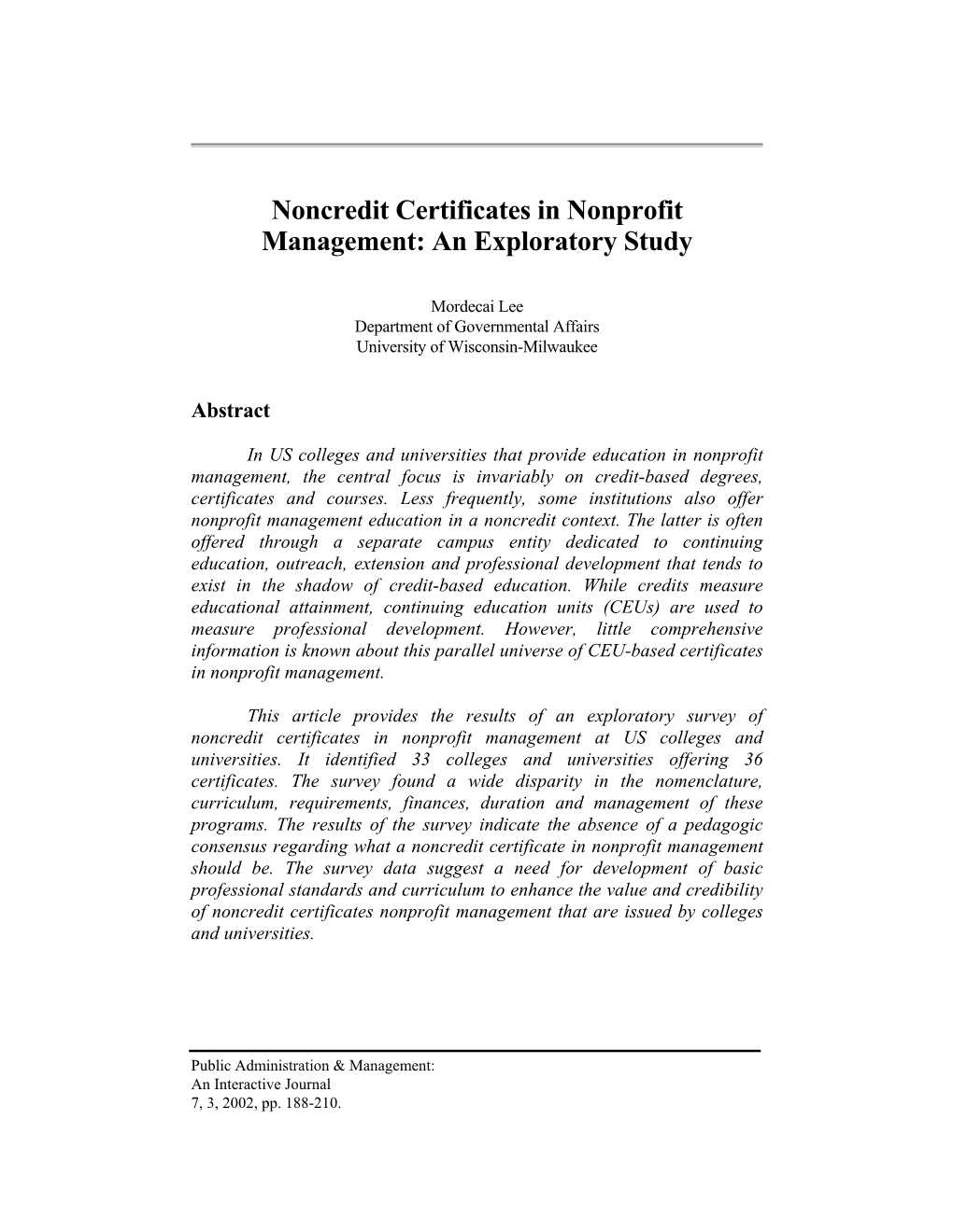 Noncredit Certificates in Nonprofit Management: an Exploratory Study
