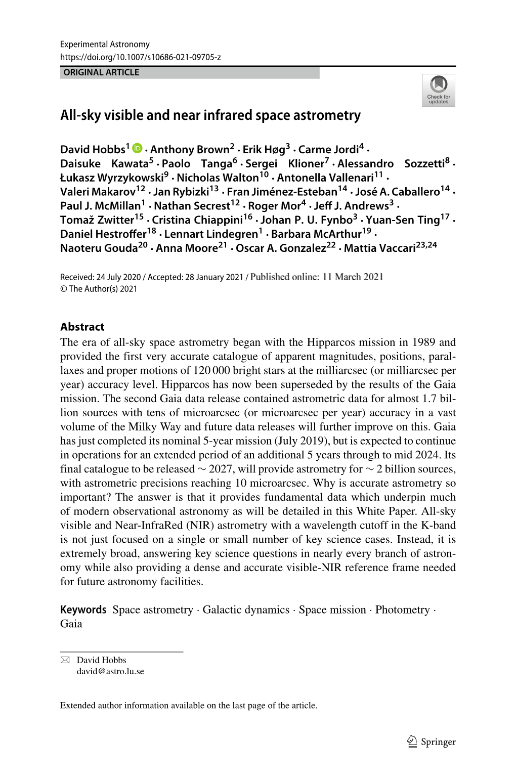 All-Sky Visible and Near Infrared Space Astrometry