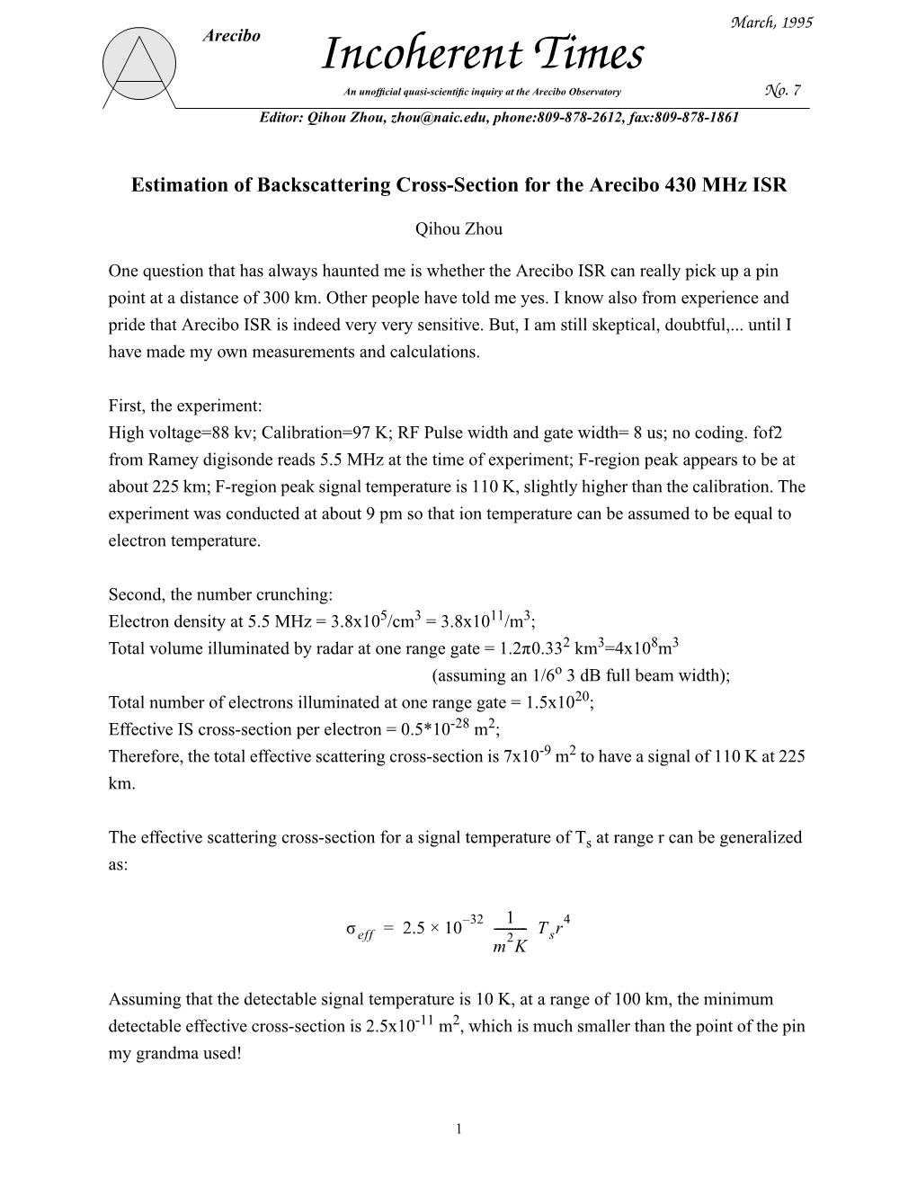 Estimation of Backscattering Cross Section for the Arecibo 430-Mhz