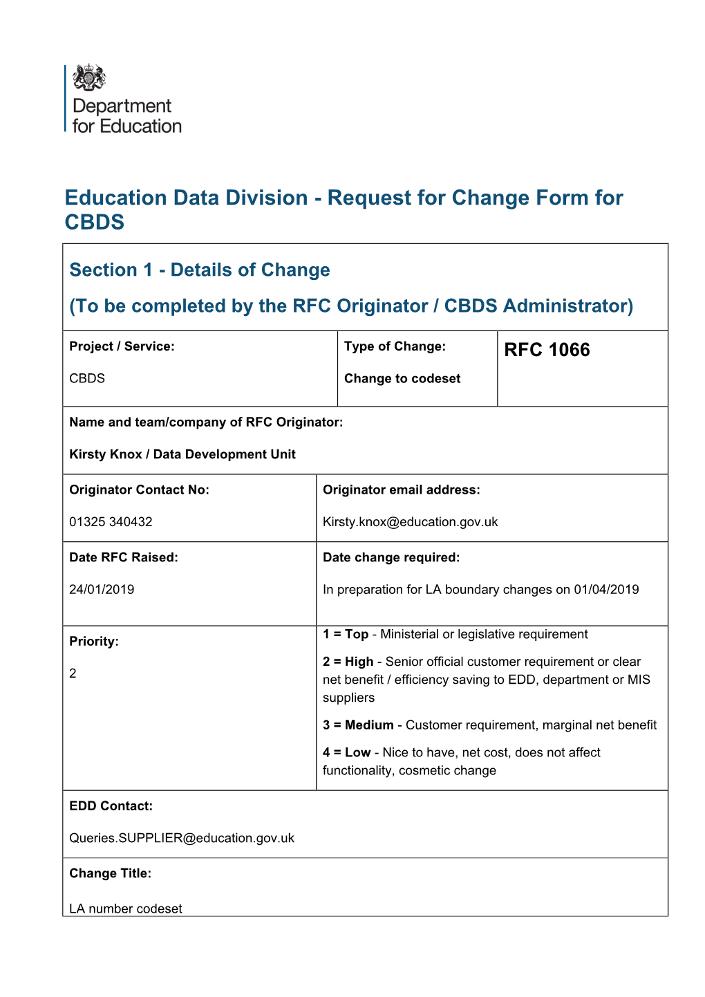 Education Data Division - Request for Change Form for CBDS