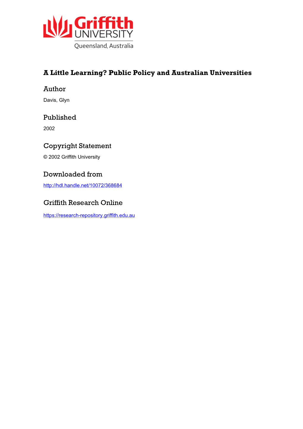 A Little Learning? Public Policy and Australian Universities Professor