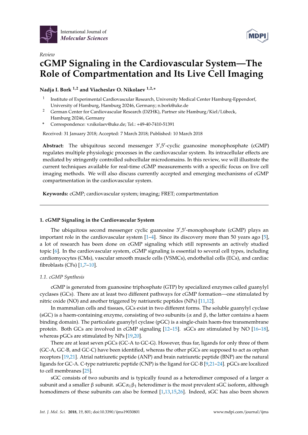 Cgmp Signaling in the Cardiovascular System—The Role of Compartmentation and Its Live Cell Imaging