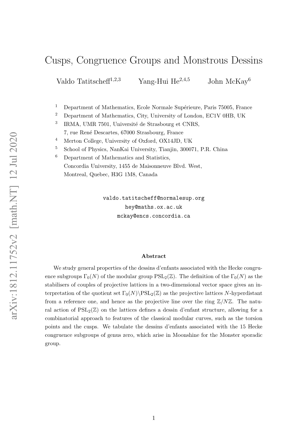 Cusps, Congruence Groups and Monstrous Dessins Arxiv:1812.11752V2 [Math.NT] 12 Jul 2020