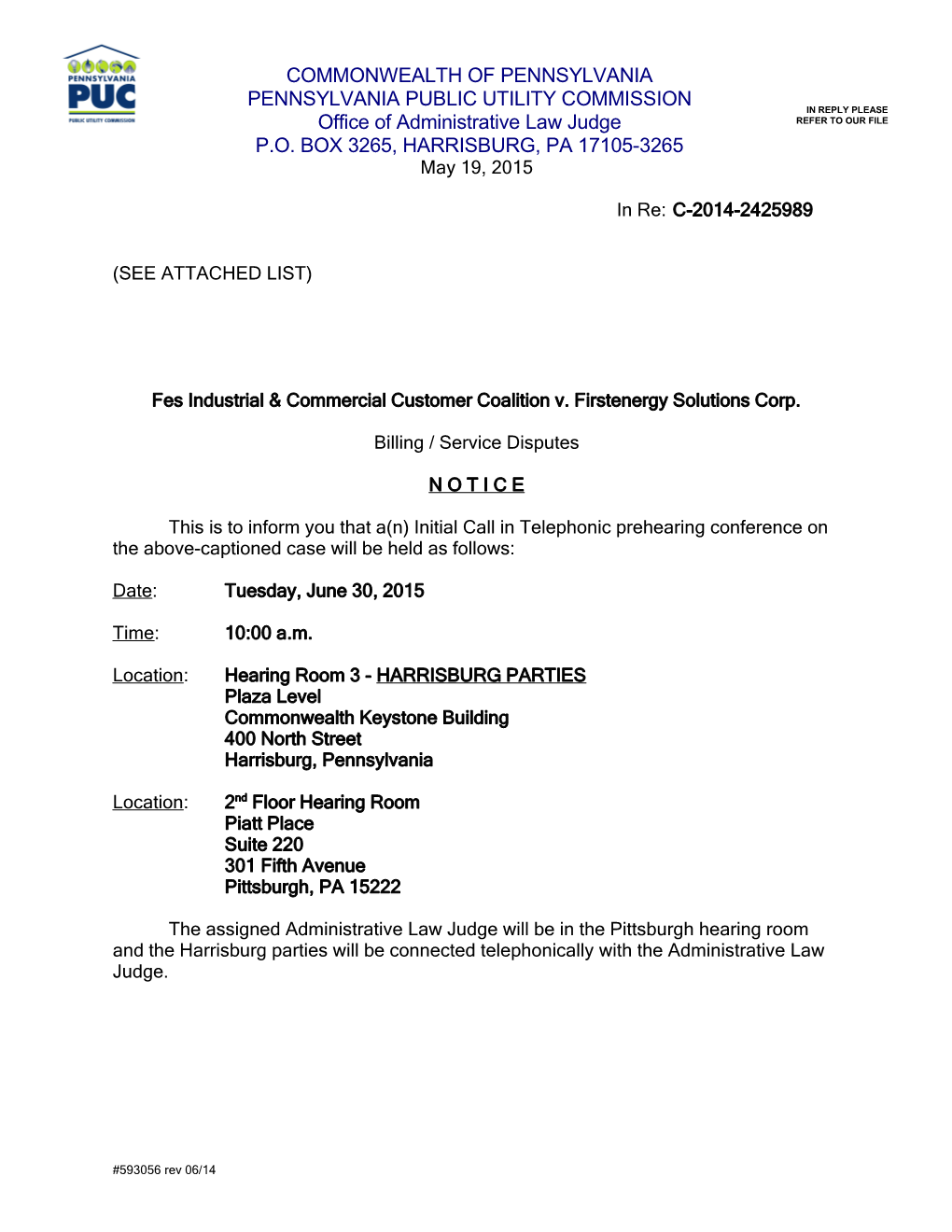 Pittsburgh Prehearing Conference Notice s1