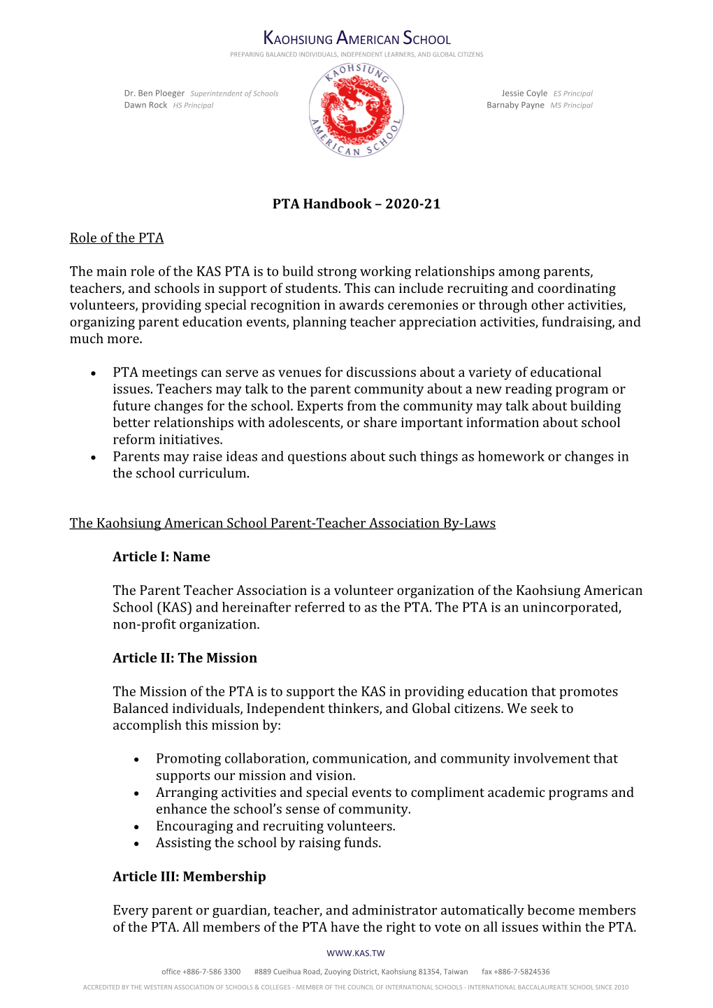 PTA Handbook – 2020-21 Role of the PTA