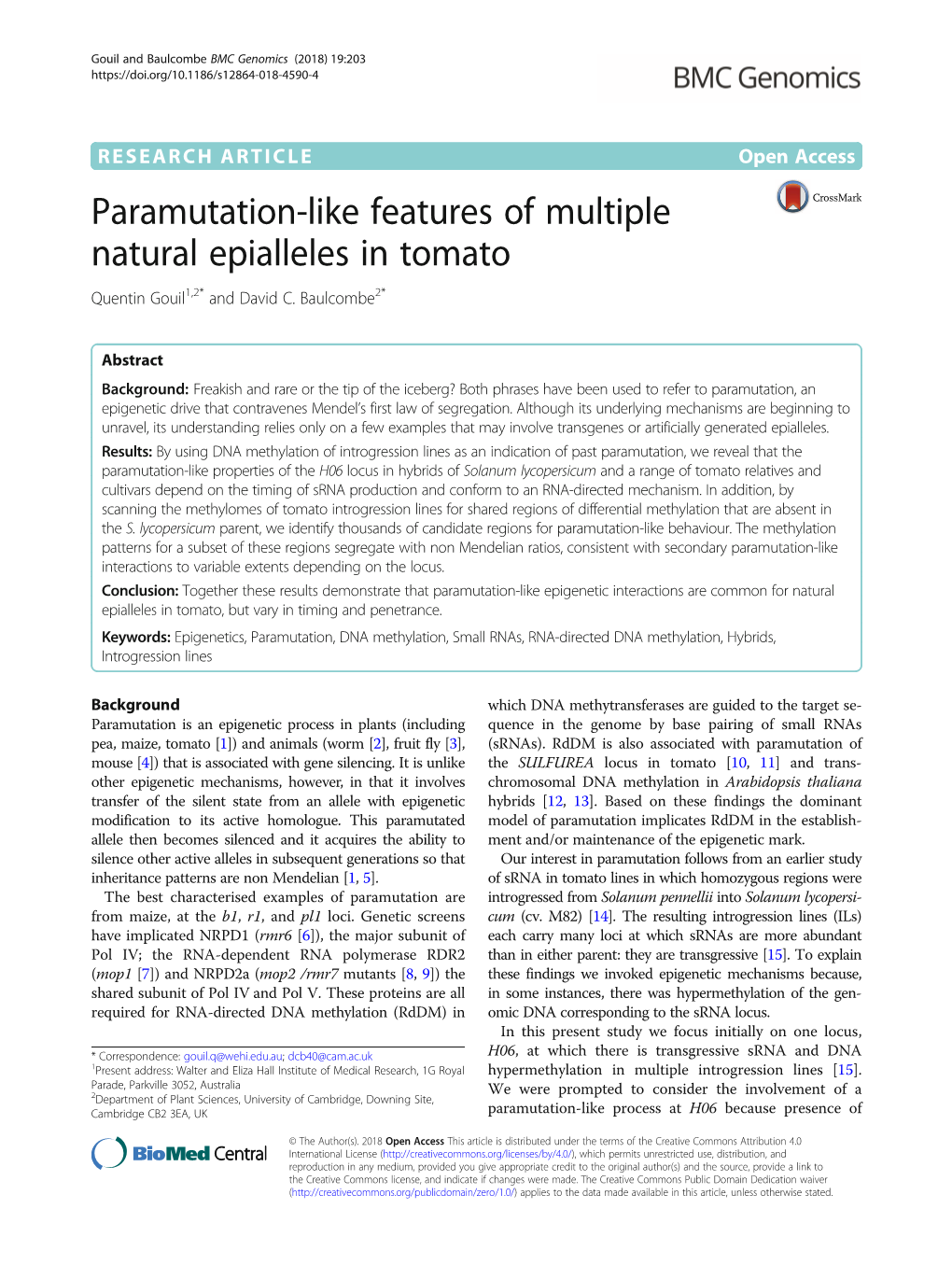 Paramutation-Like Features of Multiple Natural Epialleles in Tomato Quentin Gouil1,2* and David C