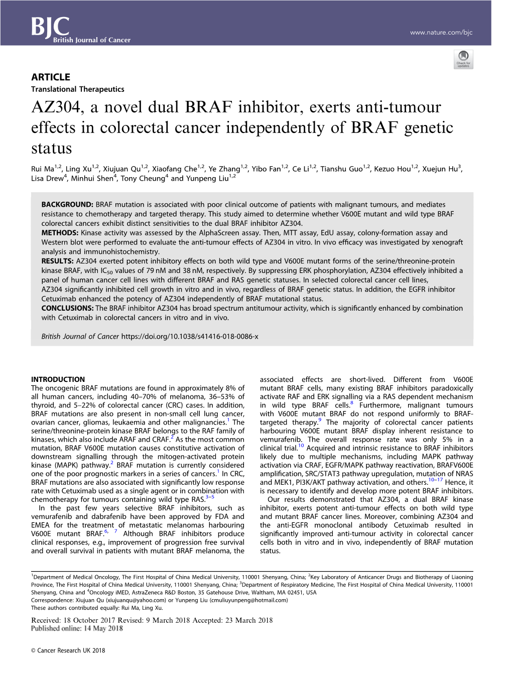 AZ304, a Novel Dual BRAF Inhibitor, Exerts Anti-Tumour Effects in Colorectal Cancer Independently of BRAF Genetic Status