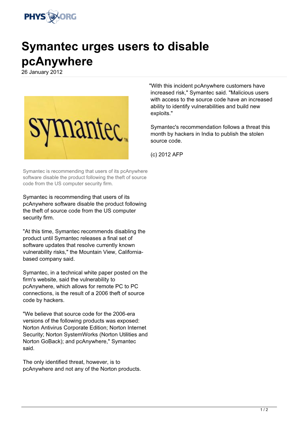 Symantec Urges Users to Disable Pcanywhere 26 January 2012